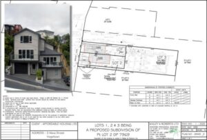 This project is a small infill subdivision in an intensively developed area of Brooklyn. This type of project is the firm’s speciality where careful design is needed to fit sites into an existing residential environment. A detailed Topographical Survey was needed to assist the architect with the design of the new dwellings and to ensure compliance with Wellington City Council’s District Plan rules. In a typical infill subdivision such as this Wigley & Roberts manage the whole subdivision process from start to finish including the initial Topographical Survey, Scheme Plan Design, Resource Consent Application, design of services, preparation of service Tender documents, As-Built Surveys, obtaining final certification from Council and preparation of the Land Transfer Plans.