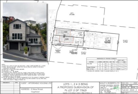 This project is a small infill subdivision in an intensively developed area of Brooklyn. This type of project is the firm’s speciality where careful design is needed to fit sites into an existing residential environment. A detailed Topographical Survey was needed to assist the architect with the design of the new dwellings and to ensure compliance with Wellington City Council’s District Plan rules. In a typical infill subdivision such as this Wigley & Roberts manage the whole subdivision process from start to finish including the initial Topographical Survey, Scheme Plan Design, Resource Consent Application, design of services, preparation of service Tender documents, As-Built Surveys, obtaining final certification from Council and preparation of the Land Transfer Plans.